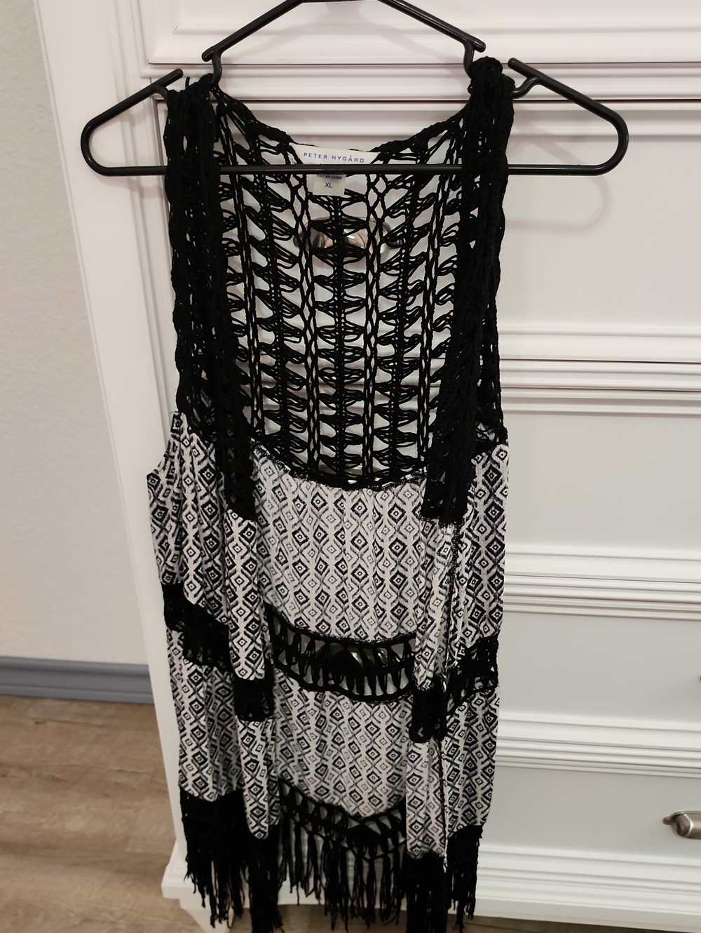 Peter Nygard Black and White Crochet Fringe Cover-Up Vest